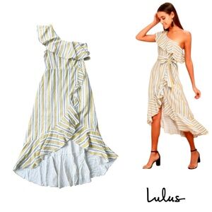 Lulu's High Tide Yellow Striped One Shoulder Midi Dress Size S Ruffle Summer